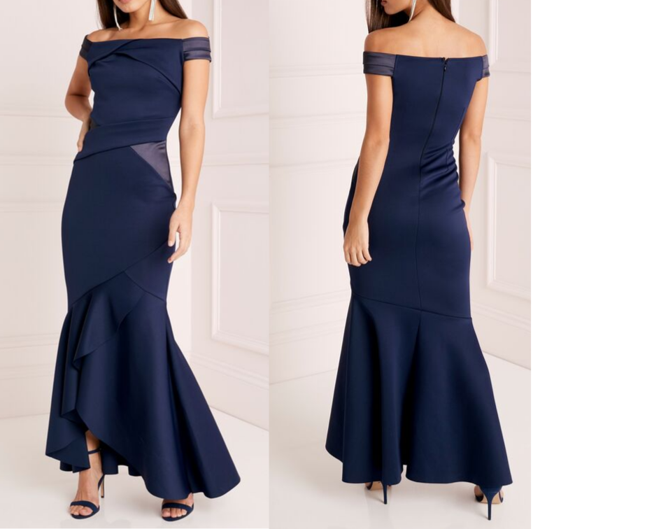 lipsy satin panel bardot flute hem bodycon dress